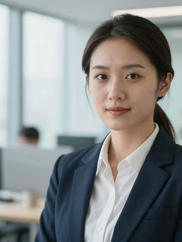 Medium close-up of a confident professional candidate in a bright, modern office, natural daylight, soft blue tones, shallow depth of field.