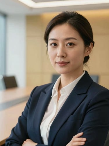 Medium close-up of a confident professional woman in a bright modern boardroom, soft corporate daylight, warm gold and deep navy tones, editorial depth of field.