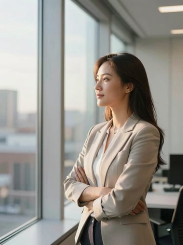 Confident professional looking out of a bright modern office window in Montreal, soft warm gold sunlight, professional editorial photography