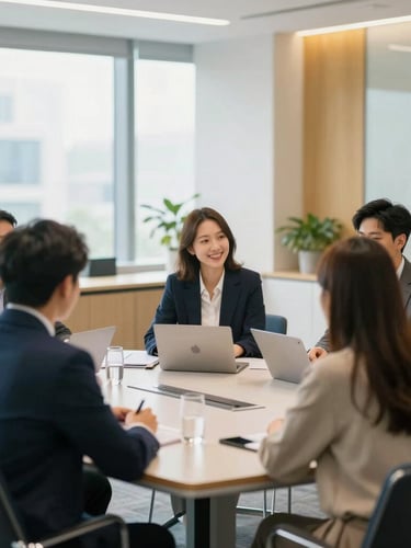 Wide environmental shot of a bright modern conference room with professional candidates in discussion, soft corporate daylight, shallow depth of field