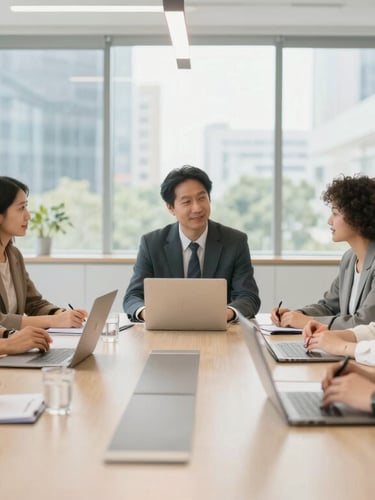 Wide environmental shot of a diverse collaborative business meeting in a modern office, bright natural daylight streaming through large windows, professional editorial photography.