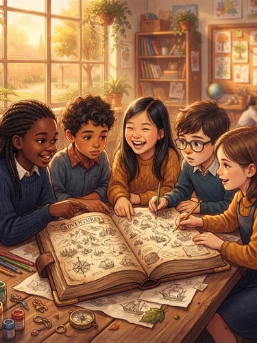Whimsical illustration of diverse children in a classroom setting, collaboratively looking at an open adventure journal with a stylized map, warm golden-hour light, detailed and premium aesthetic.