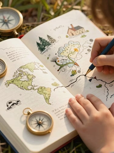 Detailed editorial illustration of an open adventure journal with whimsical hand-drawn maps and compasses, a child's hand gently tracing a path, warm natural light, portrait aspect, close-up framing.