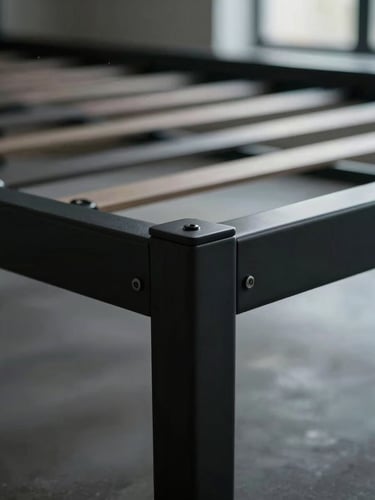 Tight functional close-up of a heavy-gauge steel bed frame joint with a matte black finish, showing robust construction. Subtle cool-toned LED light highlights the edges.