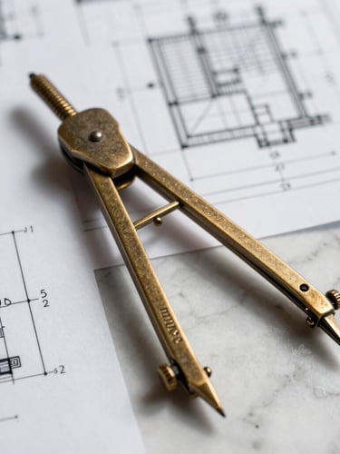 Macro shot of architectural blueprints overlaid with technical calculations, a heavy bronze compass resting on raw marble, sharp linear shadows, high-contrast studio lighting.