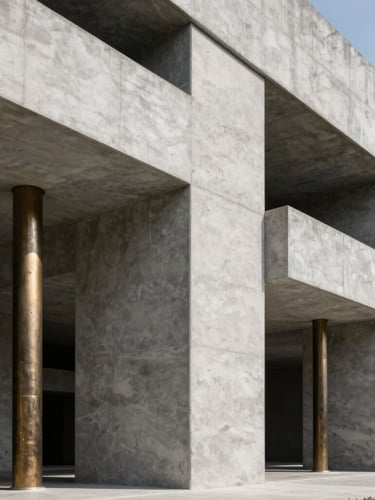 Extreme wide environmental shot of a completed monolithic concrete structure, high-contrast natural light hitting raw premium materials like marble and bronze, sharp architectural shadows, technical precision
