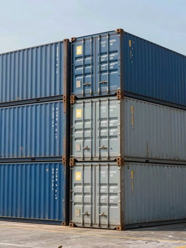 Wide environmental shot of stacked blue and gray shipping containers at Puerto Quetzal, bright natural daylight, crisp composition.