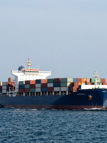 Wide environmental shot of a massive container ship navigating open ocean daylight, realistic maritime atmosphere, high-contrast daylight.