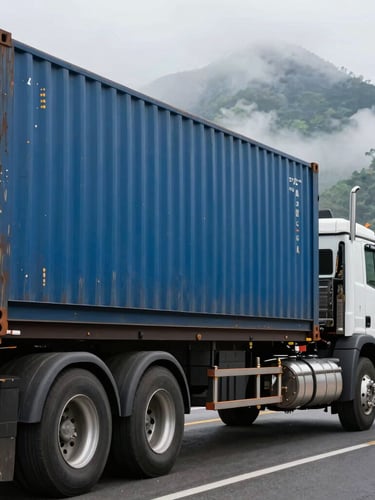Close-up of a heavy flatbed truck transporting a blue shipping container on a Guatemalan highway, misty mountains in the background, daylight