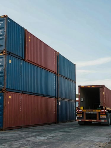 Wide environmental shot of Puerto Quetzal at daylight, stacked blue and red shipping containers, a heavy flatbed truck positioned on the right side, clear sky.
