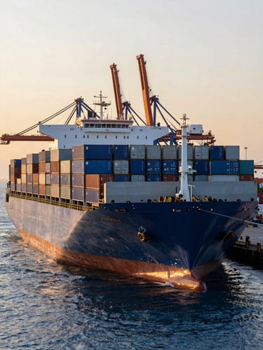 Wide environmental shot of a massive container ship docking at Puerto Quetzal, Guatemala during golden hour. Symmetrical composition with stacked blue and gray shipping containers on deck, deep blue ocean water reflecting warm sunset light, and heavy port cranes visible in the soft background.