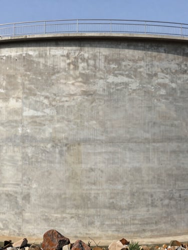 A massive concrete water storage tank constructed on a rocky hillside, bright natural daylight reflecting off the concrete texture, wide-angle lens.