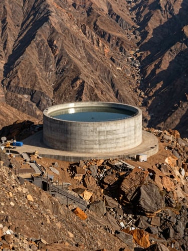 Wide-angle documentary photograph of a rugged mountain ridge in Palghar, bright natural daylight reflecting off a newly constructed concrete water storage tank, rich earthy tones.