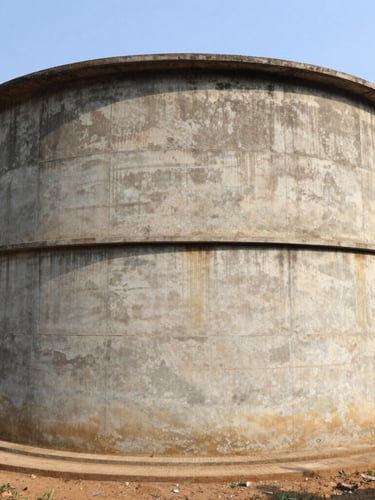 Wide-angle documentary photo of the concrete gravity-fed water storage tank in Chinchpada village, bright natural daylight, rich earthy tones, realistic texture.