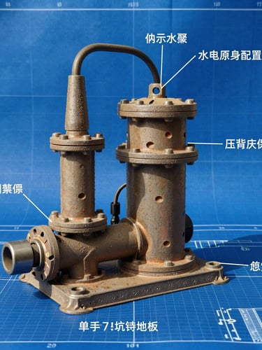 A technical CAD drawing of a solar-powered water pump assembly, detailed annotations, blueprint blue background with white grid lines.