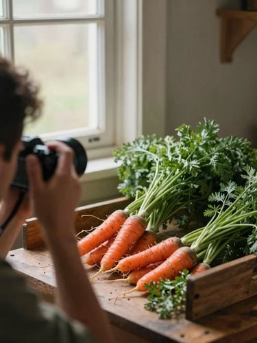 Candid over-the-shoulder shot of a photographer capturing a farmer sorting freshly harvested heirloom carrots in soft morning window light, matte finish.