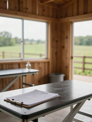 A clean, modern veterinary examination area inside a wooden barn, with medical charts visible on a clipboard and green pastures outside.