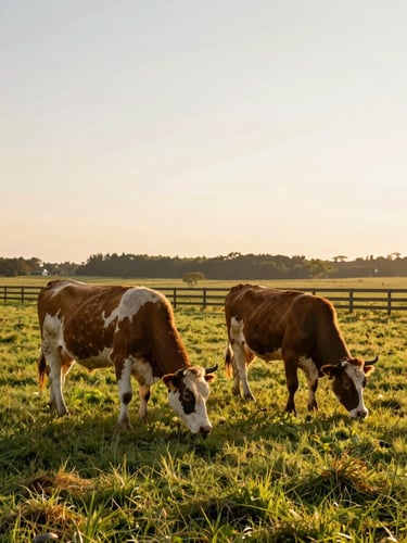 Eye-level shot of healthy cows grazing peacefully in a wide green pasture under warm golden hour sunlight, clean wooden fencing in the background.