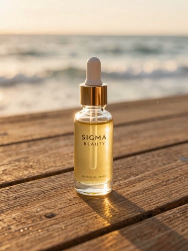 A close-up of a glass bottle of Sigma Beauty botanical oil resting on a sun-bleached teak deck, ocean waves softly blurred in the background, warm golden-hour light.