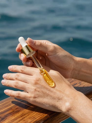 Close-up of hands gently applying a golden botanical oil onto skin, sun-bleached teak wood and sparkling deep blue ocean water in the soft-focus background.