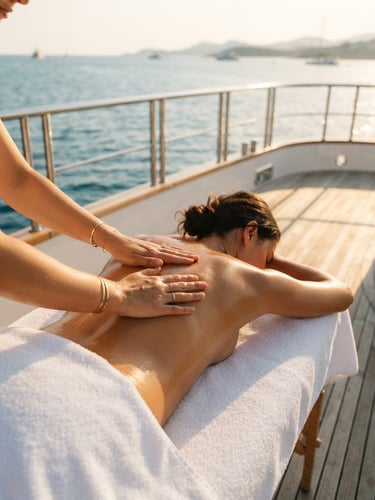 Close-up of hands applying luxurious massage oil onto a back on a teak yacht deck, soft golden hour sunlight, ocean background