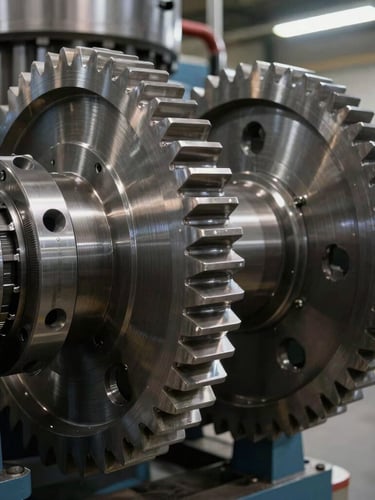 Dramatic close-up of machined steel gears inside a heavy-duty industrial processing unit, high-contrast factory floor lighting, sharp focus on metallic textures