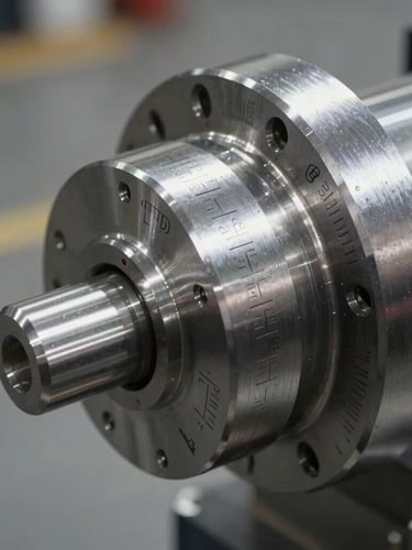 Extreme close-up of a heavy machined steel component with precise calibration marks, industrial floor lighting