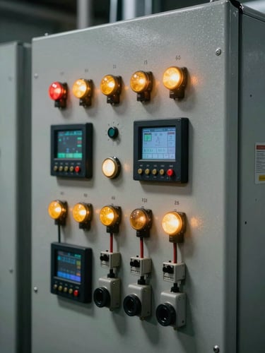 Close-up of a high-contrast industrial control panel with active amber indicator lights, wired terminals, and digital telemetry screens in a dark manufacturing environment.