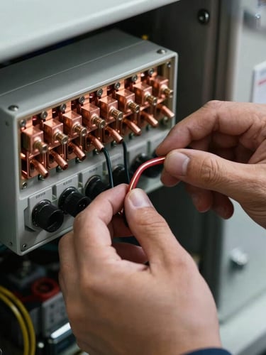Close-up of a technician's hands wiring an industrial automation panel, high-contrast lighting highlighting copper terminals and slate-colored casing.