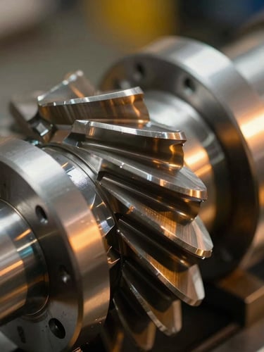 Extreme close-up of a high-precision CNC machined steel rotor assembly, sharp focus on metallic grooves, warm safety amber industrial lighting reflecting off the polished surface
