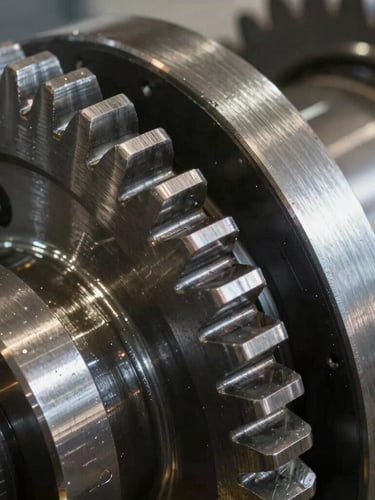 Extreme close-up of a machined steel gear component, high-contrast industrial lighting, natural shadows, precise technical details.