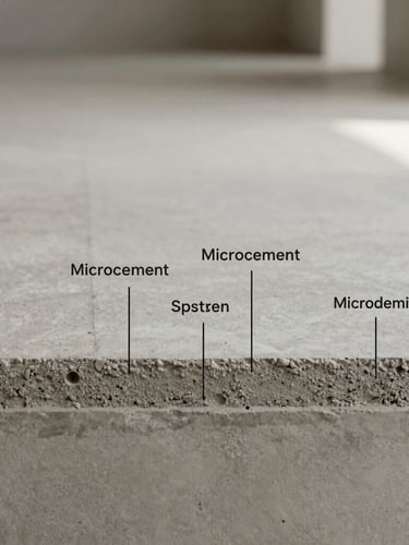 High-contrast architectural diagram showing the cross-section layers of a microcement system over concrete substrate, labeled with clean technical typography, soft side lighting, muted earth tones