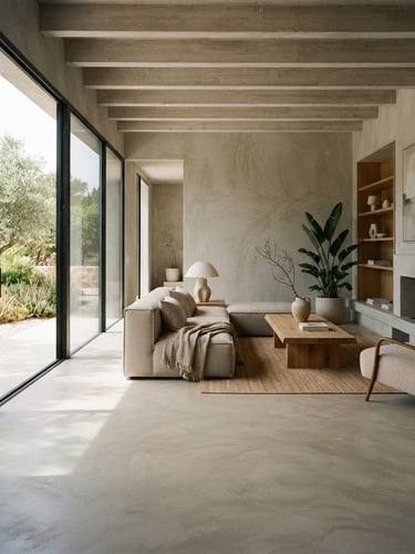 Wide architectural crop of a minimalist concrete villa living room with continuous microcement floors, soft directional natural daylight casting subtle shadows
