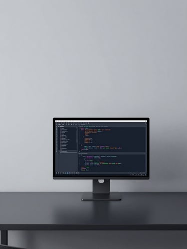 Minimalist workspace with clean lines, a single monitor displaying structured code, cool crisp lighting, deep charcoal tones, 35mm