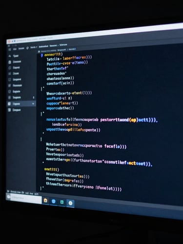 Macro close-up of high-contrast code on a sleek monitor screen in a dark room, cool crisp blue studio lighting, sharp focus, 35mm