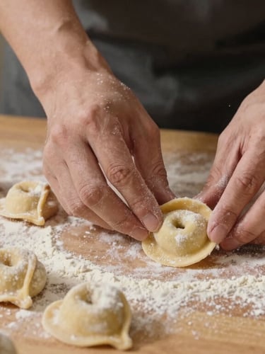 Medium close-up of hands preparing fresh handmade tortelli pasta on a wooden table dusted with flour, warm natural light, rich earthy tones