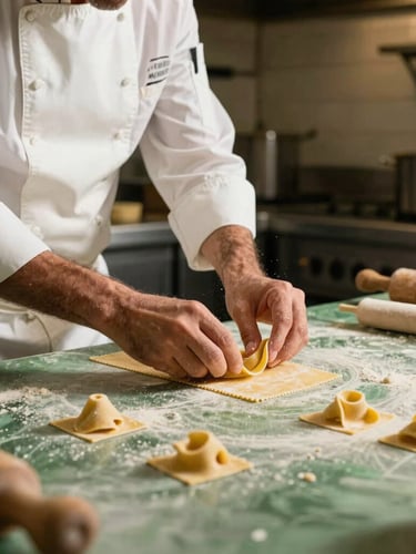 Warm editorial photography of Chef Fiorenzo Caponcelli preparing fresh handmade pasta in a professional Emilian kitchen, soft directional side lighting, rich earthy green tones, 35mm