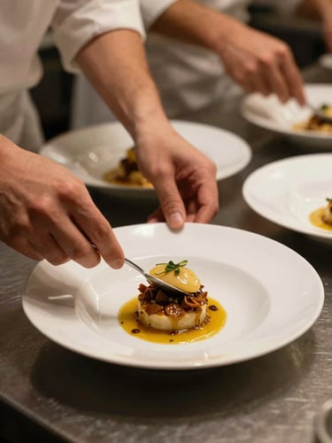 Warm editorial photography of hands plating a refined Emilian dish in an active kitchen, soft directional daylight, rich earthy tones, 35mm