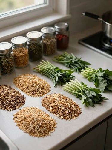 Close-up overhead of a kitchen counter with neatly sorted ingredient groups—grains, greens, and spice jars—arranged in rows under soft daylight from a single window, calm and organized, no people visible