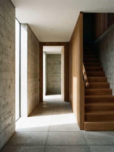 Straight-on architectural elevation of a concrete and oak interior, sharp daylight casting deep shadows across raw textures, 35mm photography