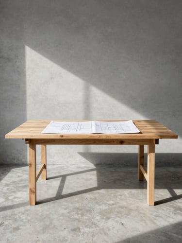Straight-on architectural elevation of a minimalist design workshop, raw concrete floor, large oak drafting table with technical blueprints, high-contrast directional daylight, 35mm