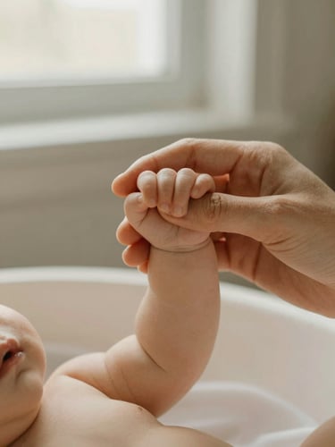Close-up of a young mother's hands gently holding a baby's tiny hand, bathed in soft, warm natural light. Focus on the delicate textures and tender connection, shallow depth of field, warm editorial photography, soft natural window light, muted sage and ecru tones, 35mm