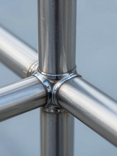 Close-up of clean stainless steel AISI 316 handrail joint, seamless invisible weld, satin brushed finish, cool industrial architectural lighting