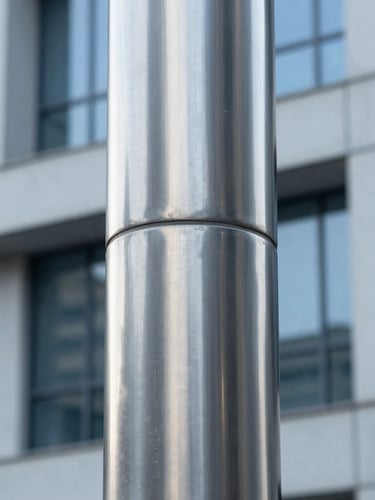 Vertical portrait-oriented architectural photograph of a sleek stainless steel column, seamless polished joints, reflections of modern concrete building, cold daylight
