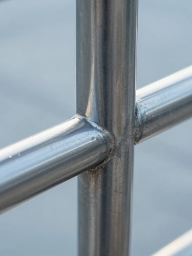 Macro industrial photograph of a perfectly polished stainless steel handrail joint, seamless connection, cool metallic reflections, sharp architectural lighting