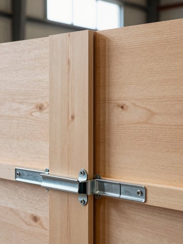 Close-up environmental shot of a custom timber exhibition stand mid-assembly in a fabrication workshop, visible wood grain on panels, steel clamps and aluminum connectors in foreground, natural light from a high side window, no people, sharp joint detail