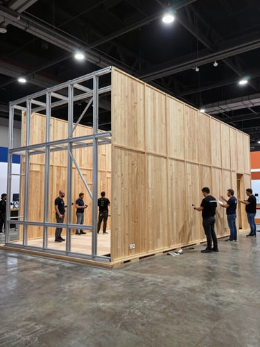 Wide environmental shot of a large custom exhibition stand mid-installation in a Brazilian trade show venue, aluminum octanorm framework visible on the left third, timber-paneled walls being fitted by crew on the right, industrial overhead venue lighting, concrete floor, no people facing camera