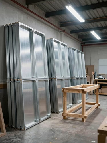 Wide workshop interior shot from the left side, aluminum octanorm frame panels stacked against the wall and a timber stand skeleton mid-assembly on the floor under industrial overhead fluorescent lighting, no people visible, sharp structural detail