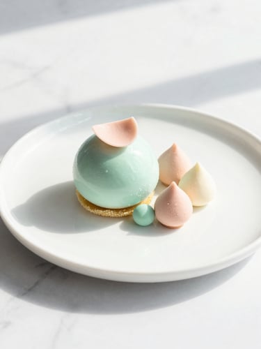 Bright high-key food photography, soft natural daylight, a modern plated dessert with delicate pastel mint and blush accents, clean white marble background, 35mm