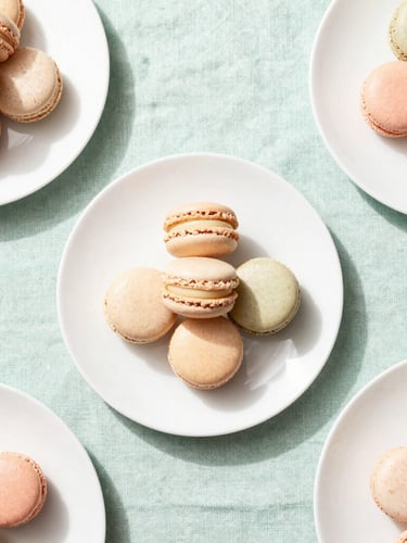 Overhead flat-lay of delicate pastel-toned macaron towers and clean white plates on a soft mint green linen tablecloth, bright natural daylight, minimalist composition, 35mm